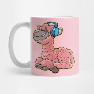 pink llama is listening to good music on headphones Mug